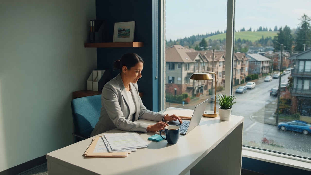 Property management professional working at a laptop in a modern office